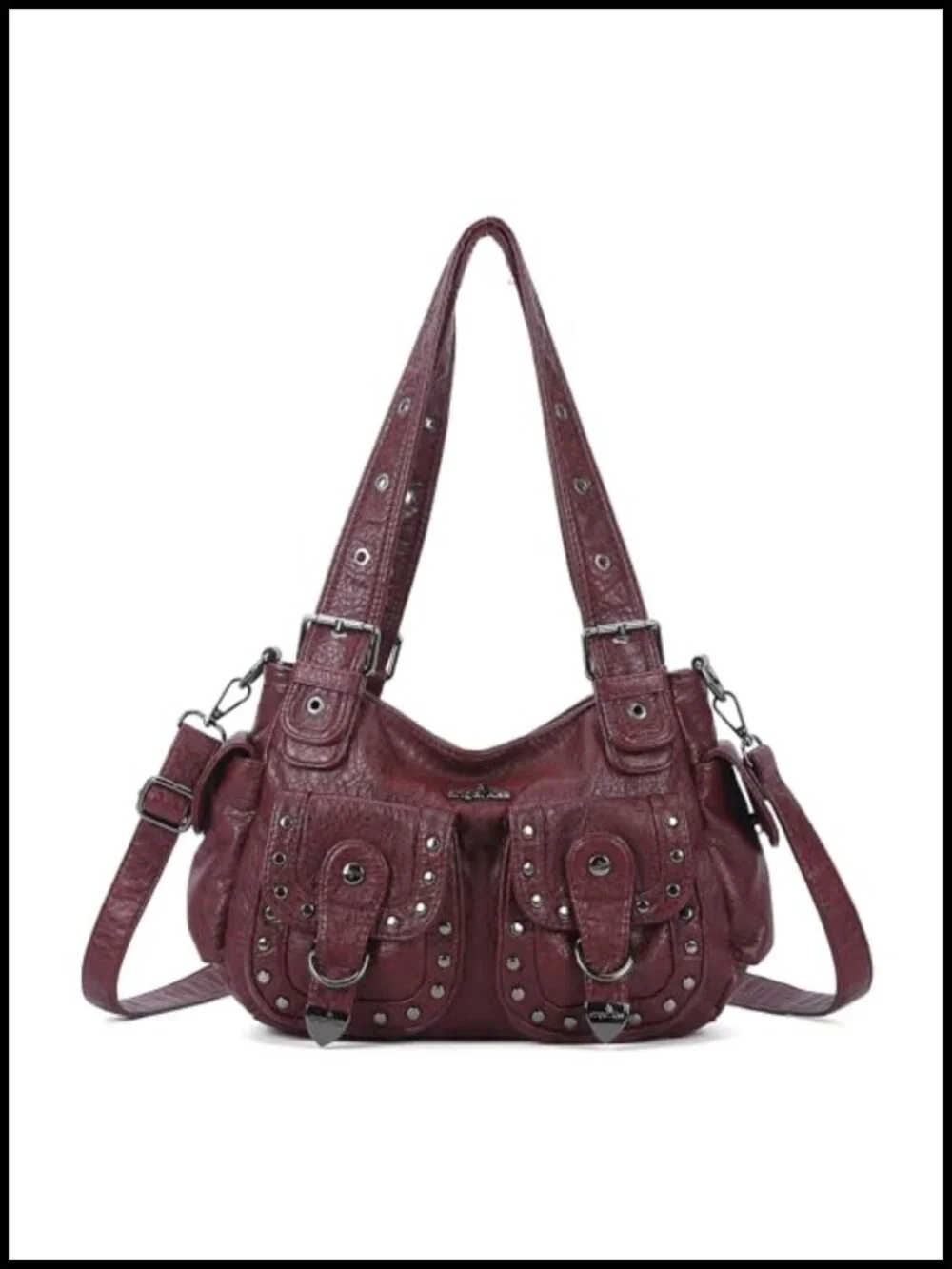 Vegan Leather Hobo Bag Multi Pocket Studded Shoulder Tote
